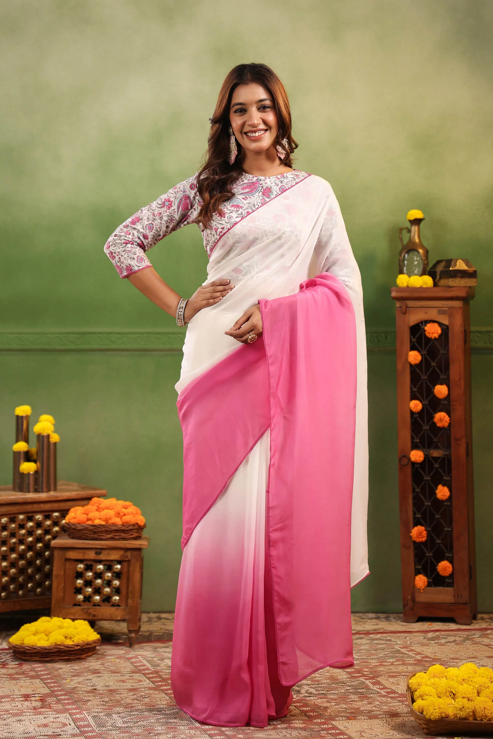 Rosy Pink Ombre Organza Saree with Printed Blouse Fabric Pre-stitched Ready to Wear Saree with Pocket - Image 3