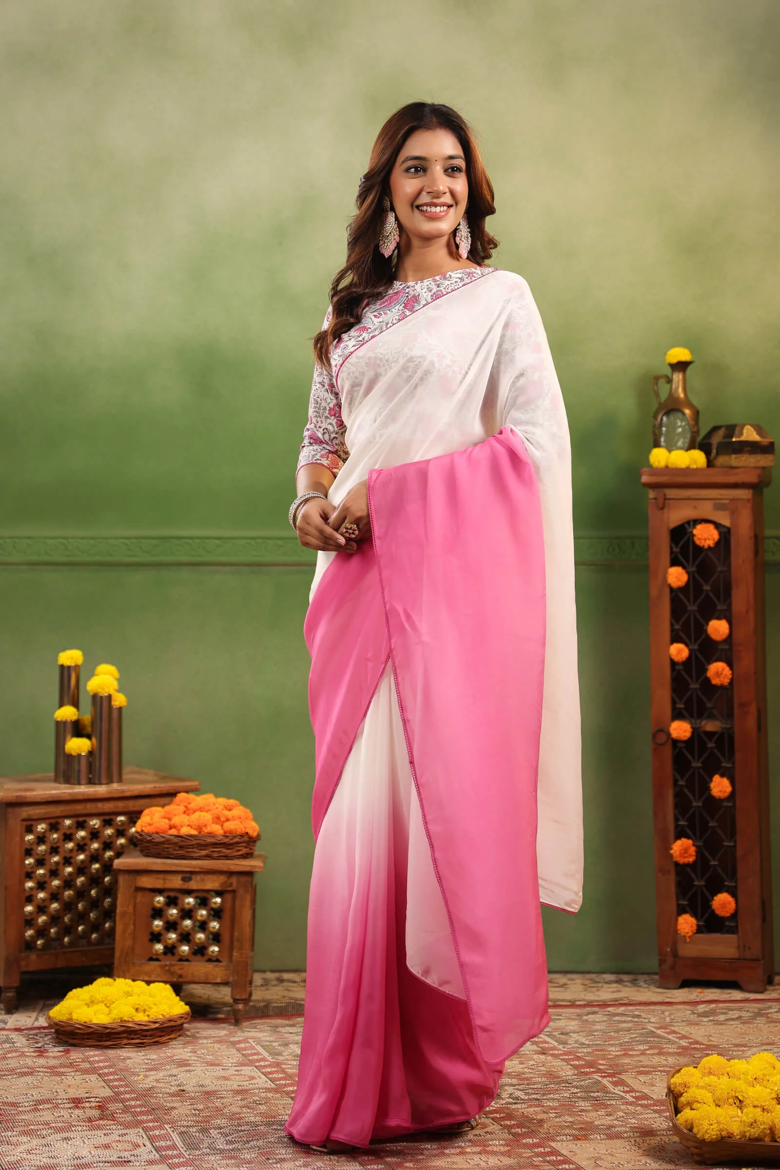 Rosy Pink Ombre Organza Saree with Printed Blouse Fabric Pre-stitched Ready to Wear Saree with Pocket - Image 4