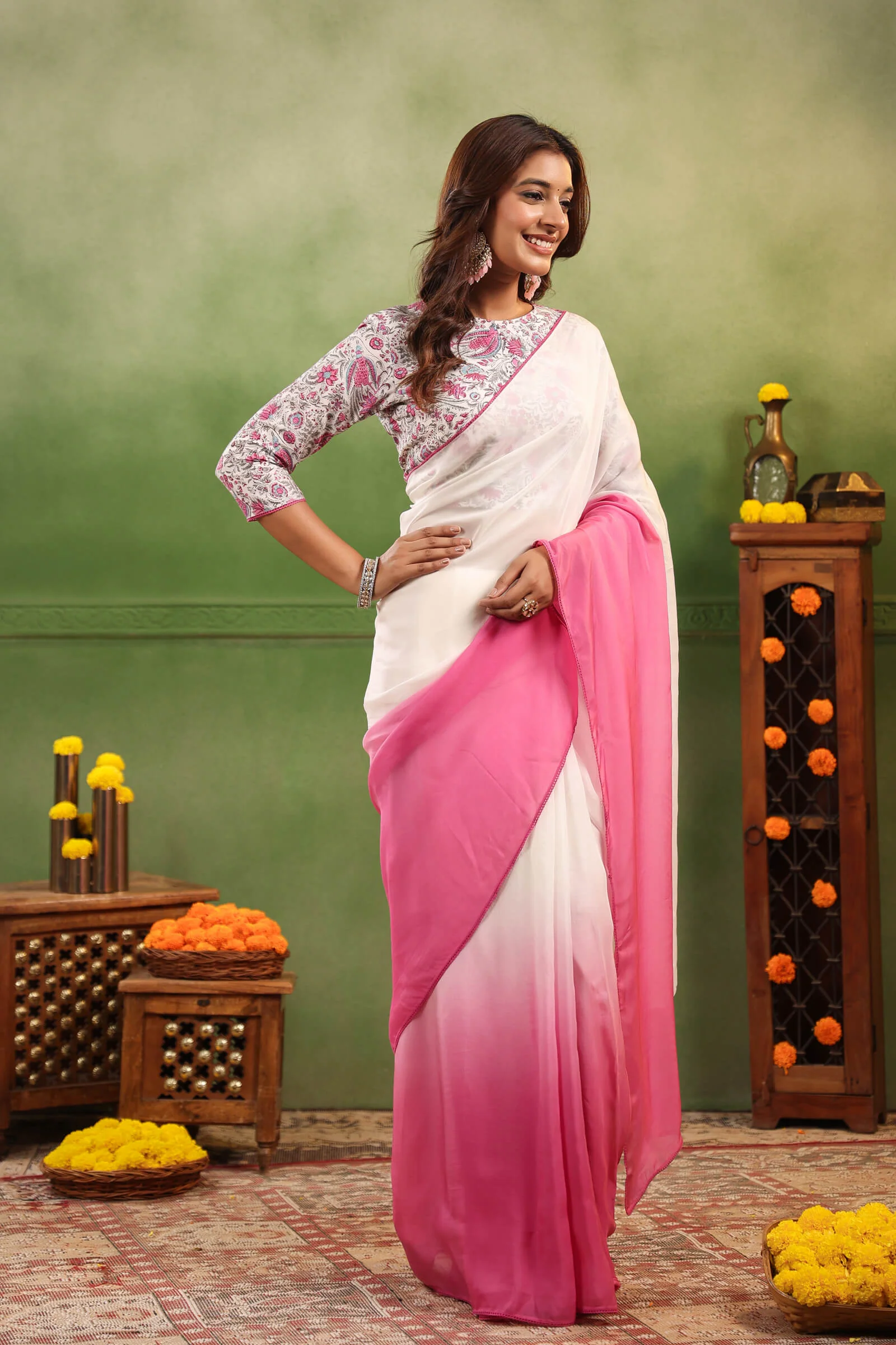 Rosy Pink Ombre Organza Saree with Printed Blouse Fabric Pre-stitched Ready to Wear Saree with Pocket - Image 5