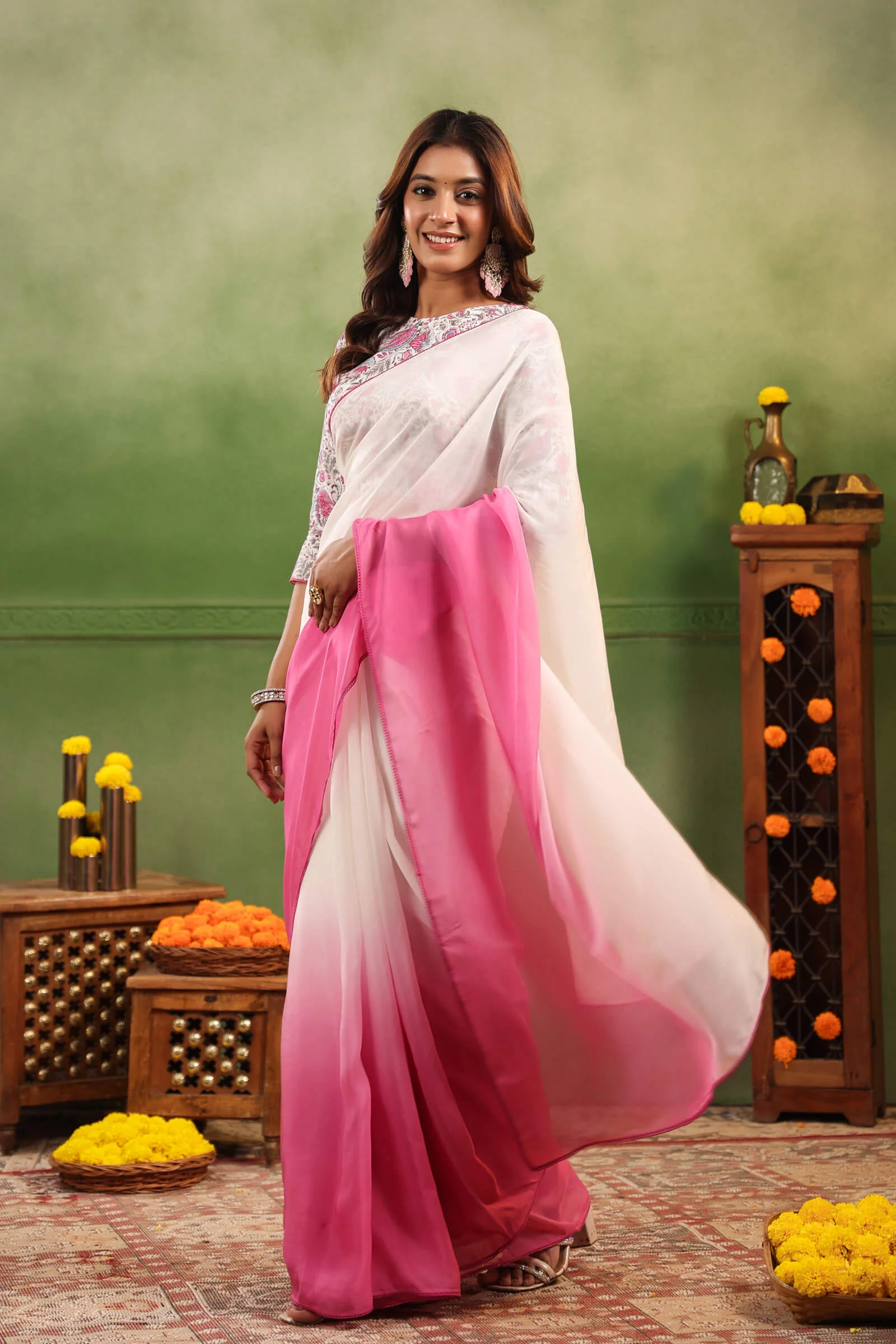 Rosy Pink Ombre Organza Saree with Printed Blouse Fabric Pre-stitched Ready to Wear Saree with Pocket - Image 6