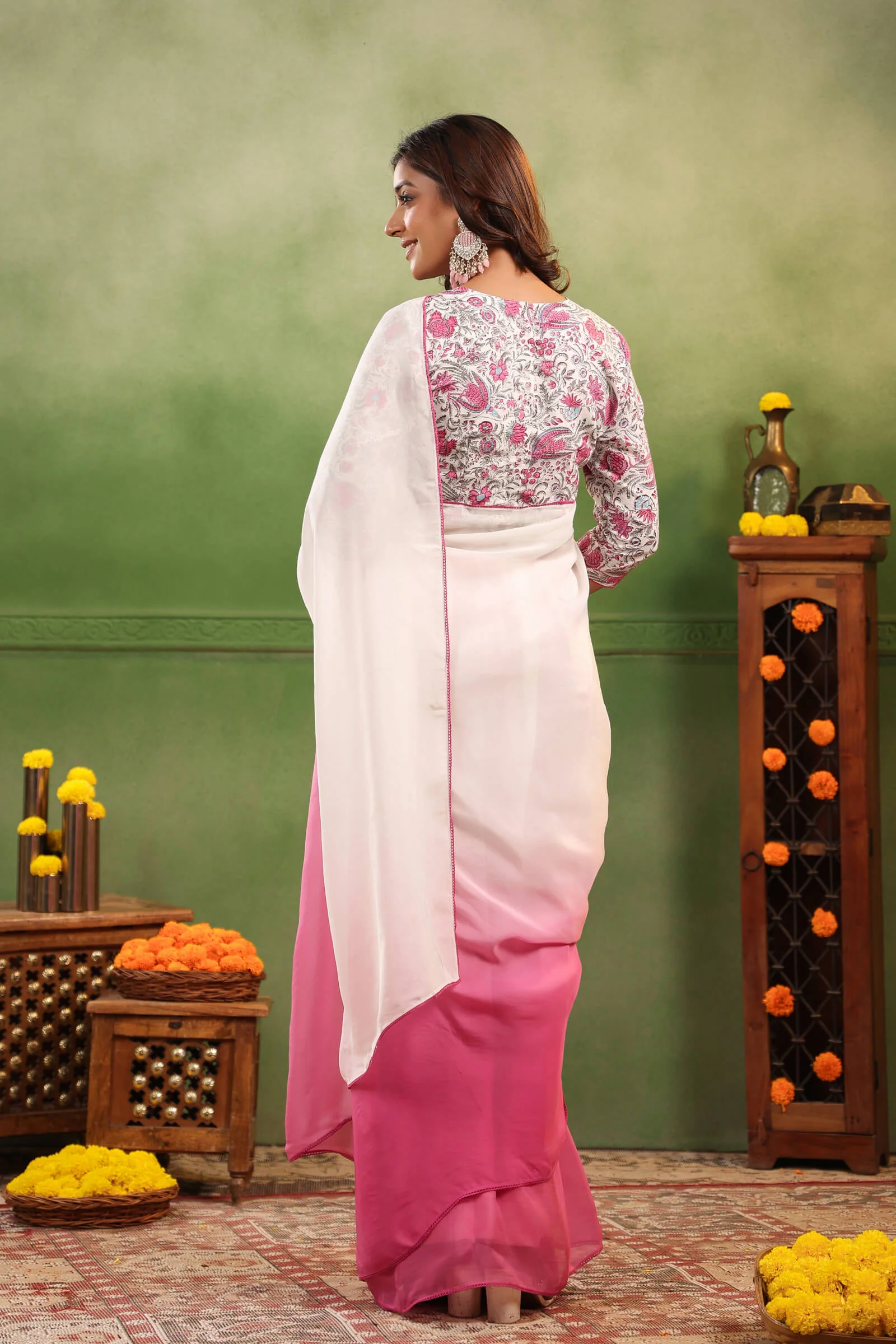 Rosy Pink Ombre Organza Saree with Printed Blouse Fabric Pre-stitched Ready to Wear Saree with Pocket - Image 7