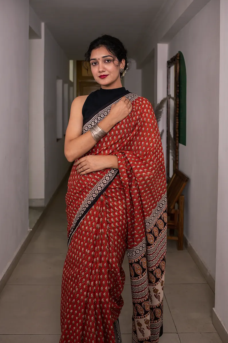 Ruby Red - Hand Block Print Mulmul Cotton Bagru Saree - Image 4