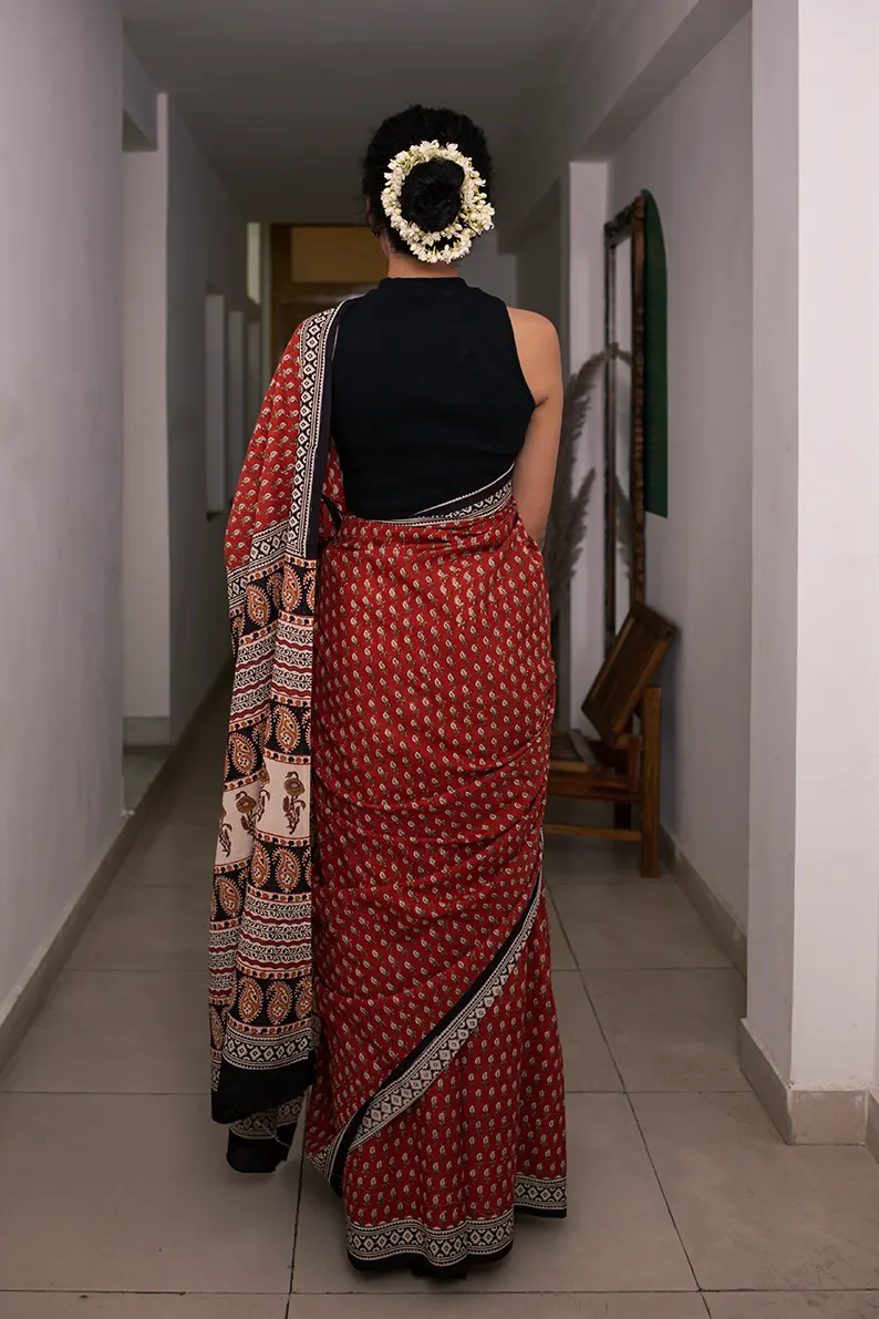Ruby Red - Hand Block Print Mulmul Cotton Bagru Saree - Image 5
