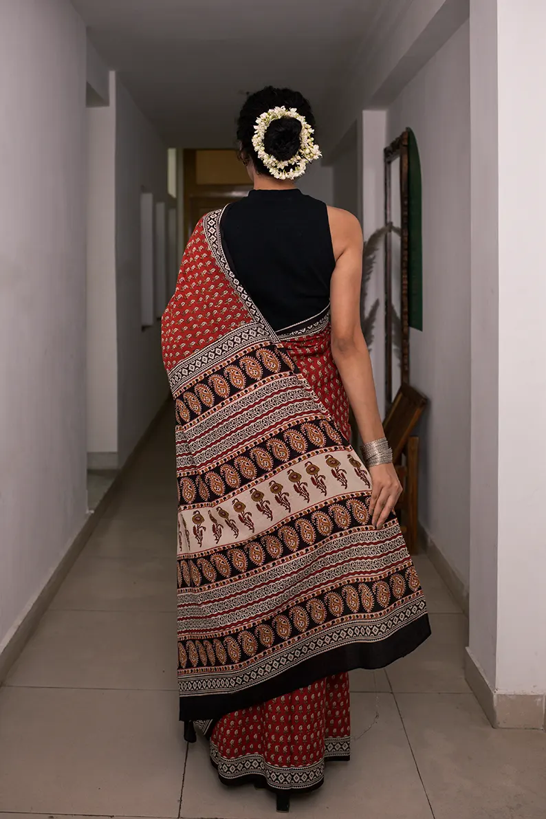 Ruby Red - Hand Block Print Mulmul Cotton Bagru Saree - Image 6