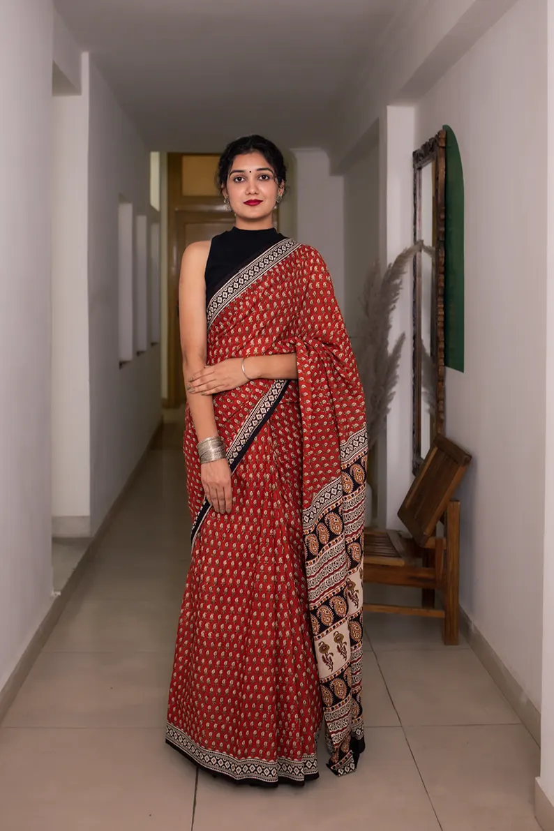Ruby Red - Hand Block Print Mulmul Cotton Bagru Saree - Image 7