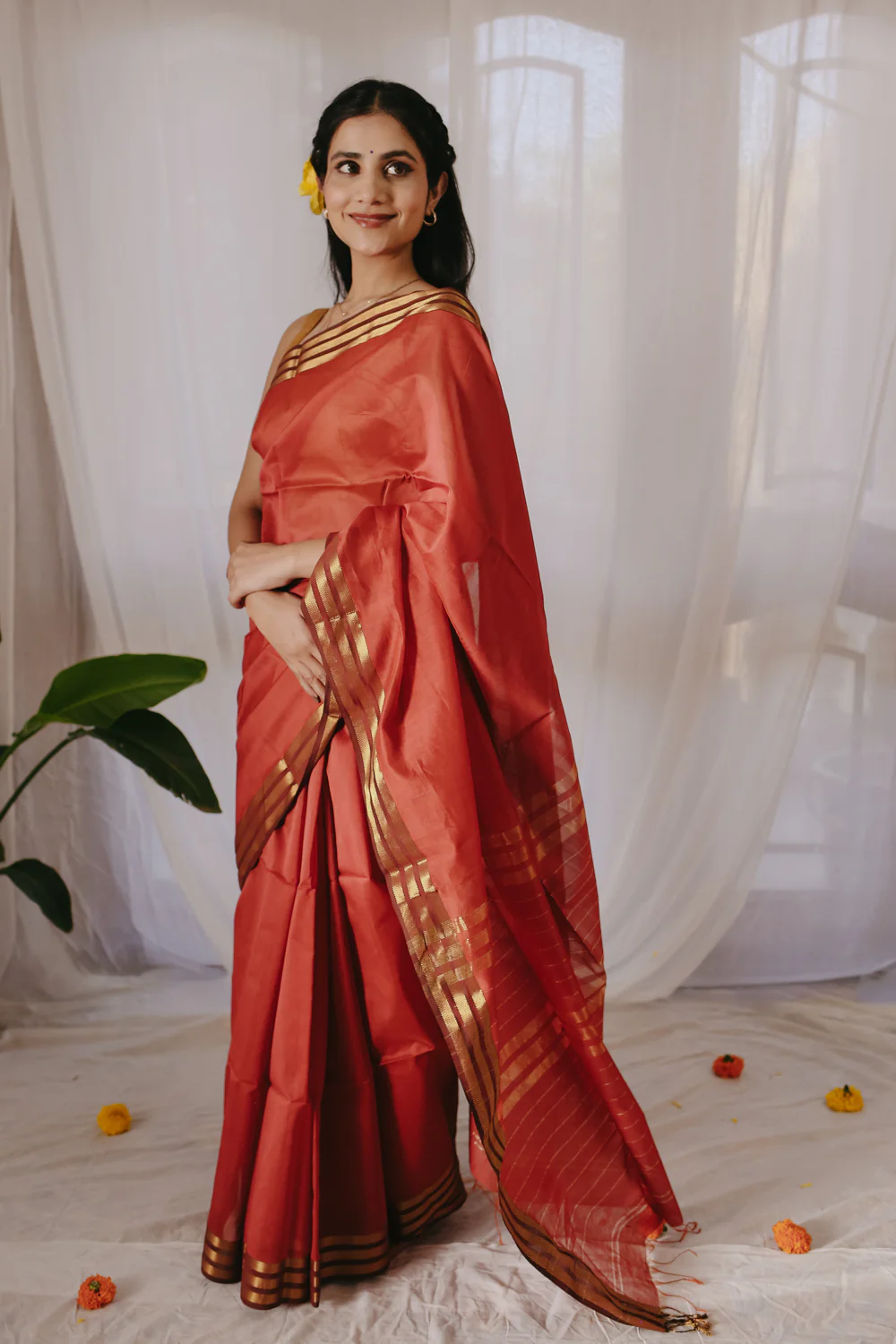 Rust Pure Silk Cotton Maheshwari Saree - Image 3