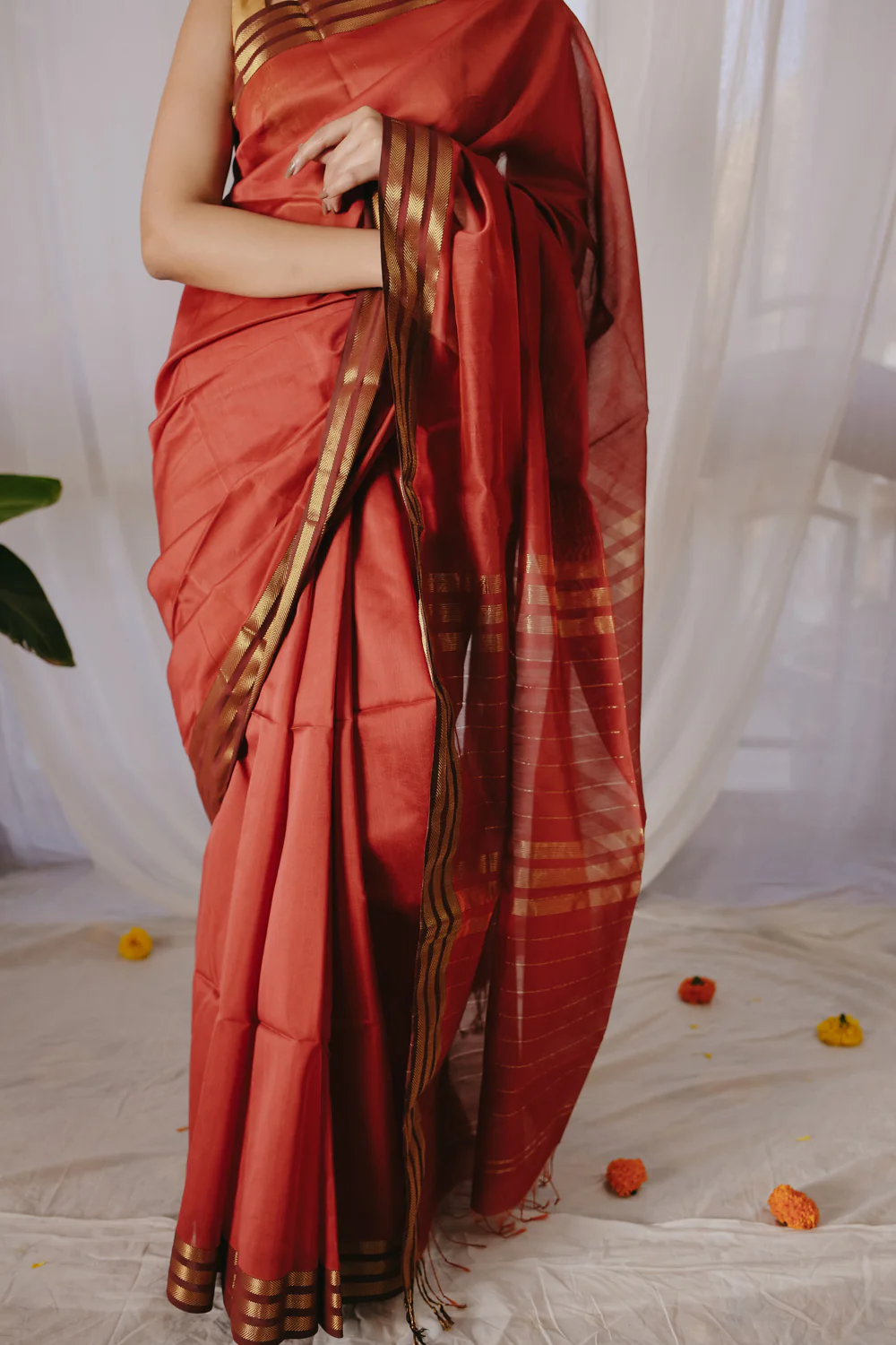 Rust Pure Silk Cotton Maheshwari Saree - Image 6