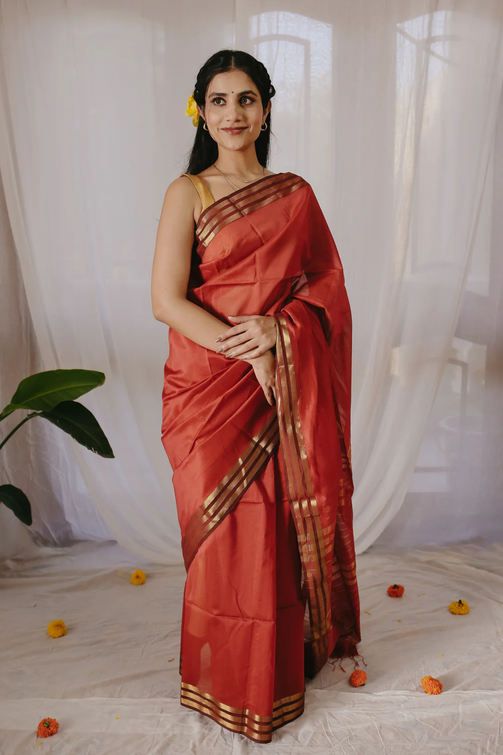 Rust Pure Silk Cotton Maheshwari Saree - Image 7