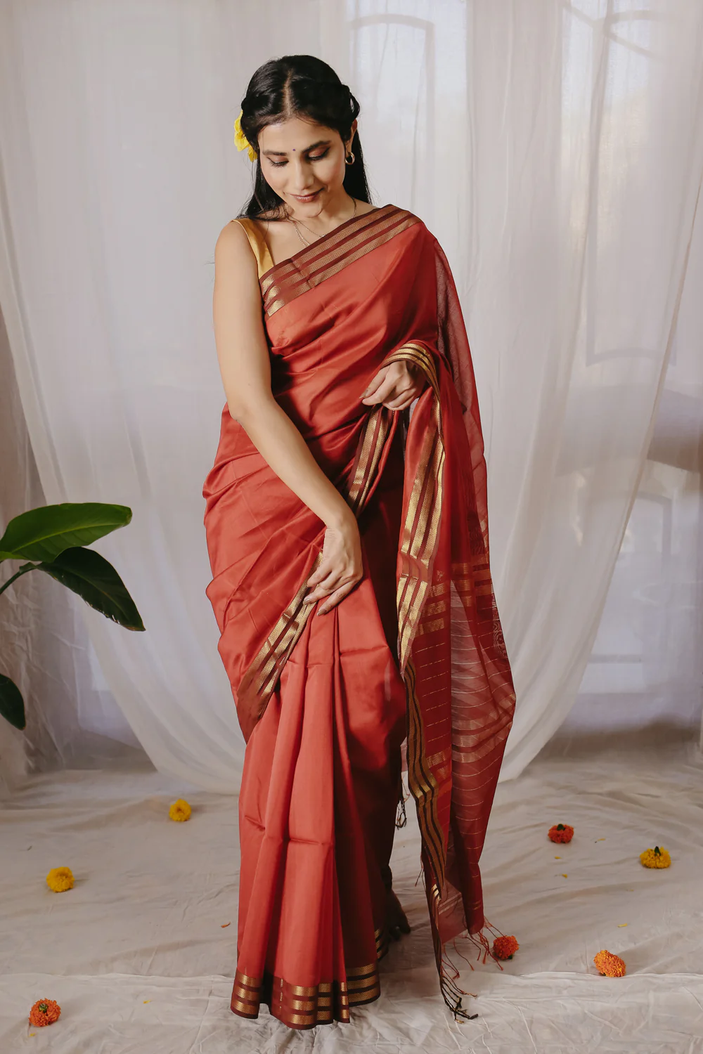 Rust Pure Silk Cotton Maheshwari Saree - Image 8