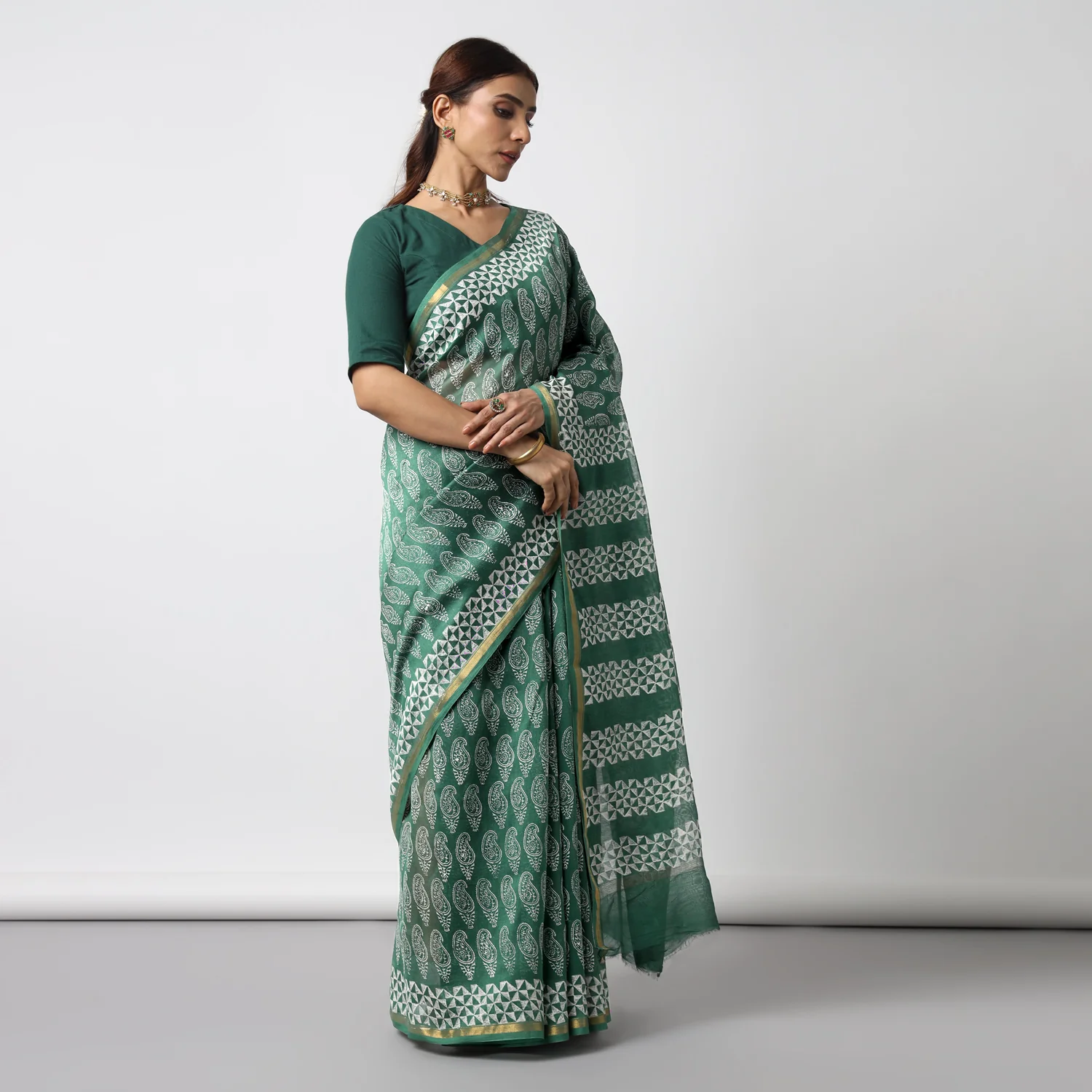 Moora Saree | Green | Hand Block Printed | Chanderi Cotton Silk | Sage Affair - Image 3