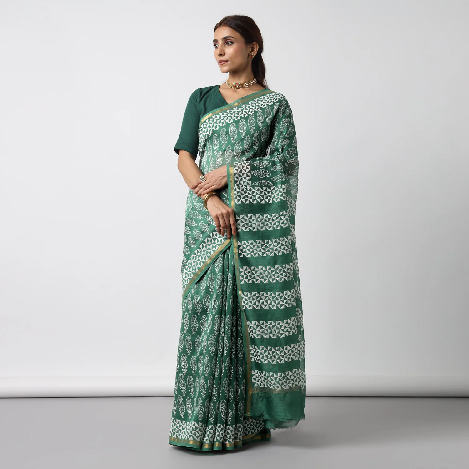 Moora Saree | Green | Hand Block Printed | Chanderi Cotton Silk | Sage Affair - Image 5