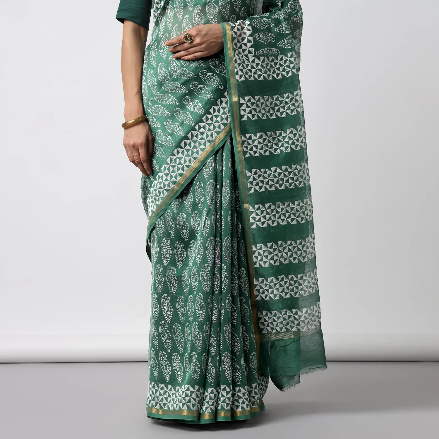 Moora Saree | Green | Hand Block Printed | Chanderi Cotton Silk | Sage Affair - Image 7
