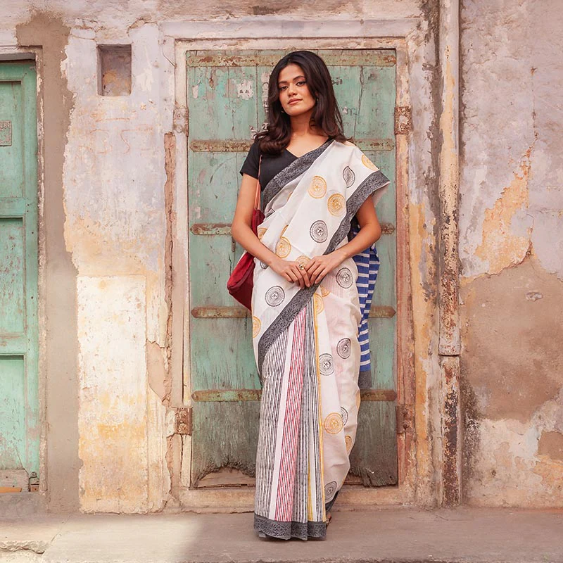 Saira Hand Block Print Mul Mul Cotton Saree - Image 5