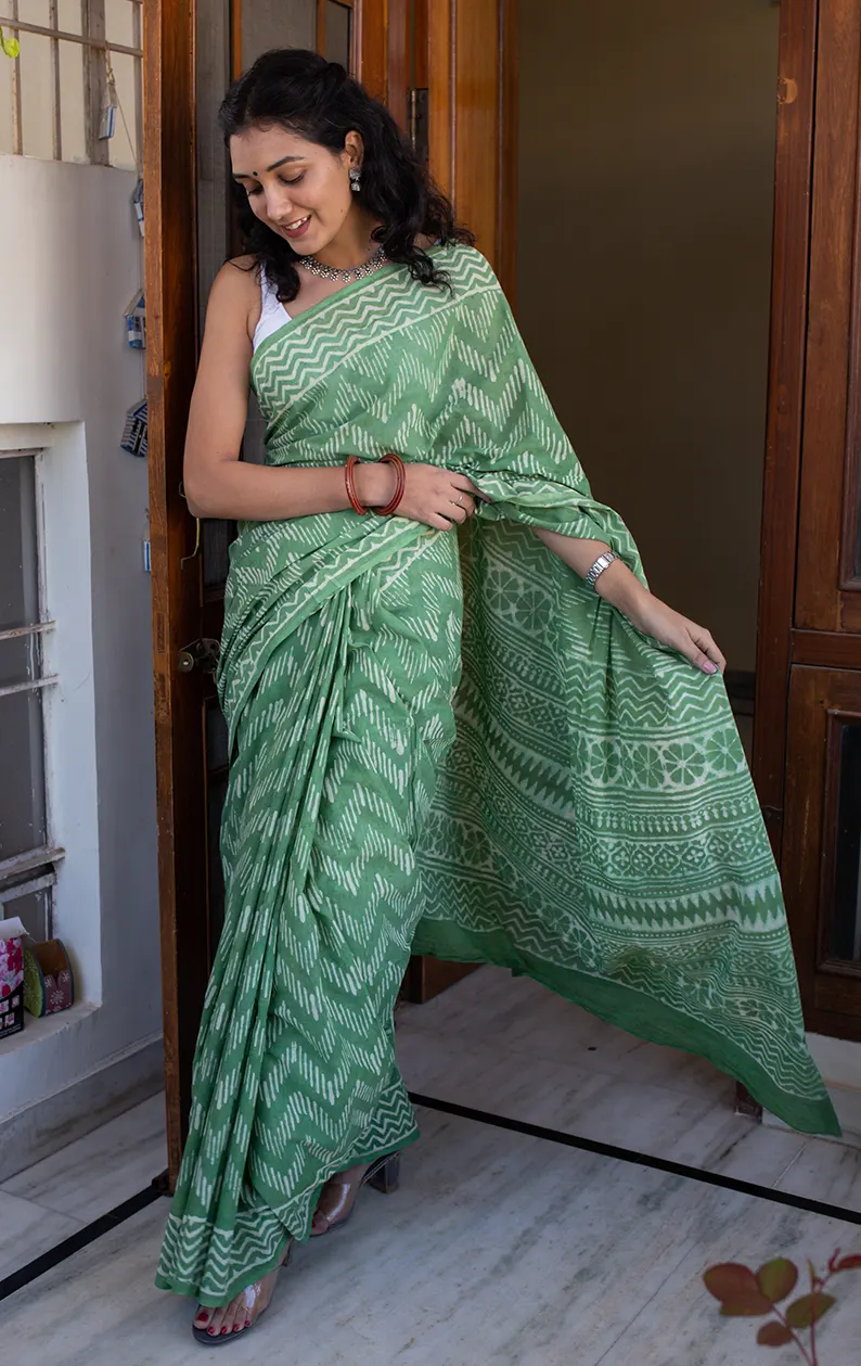 Strangers in Bangalore - Light Green Dabu Block Print Mulmul Cotton Saree - Image 4
