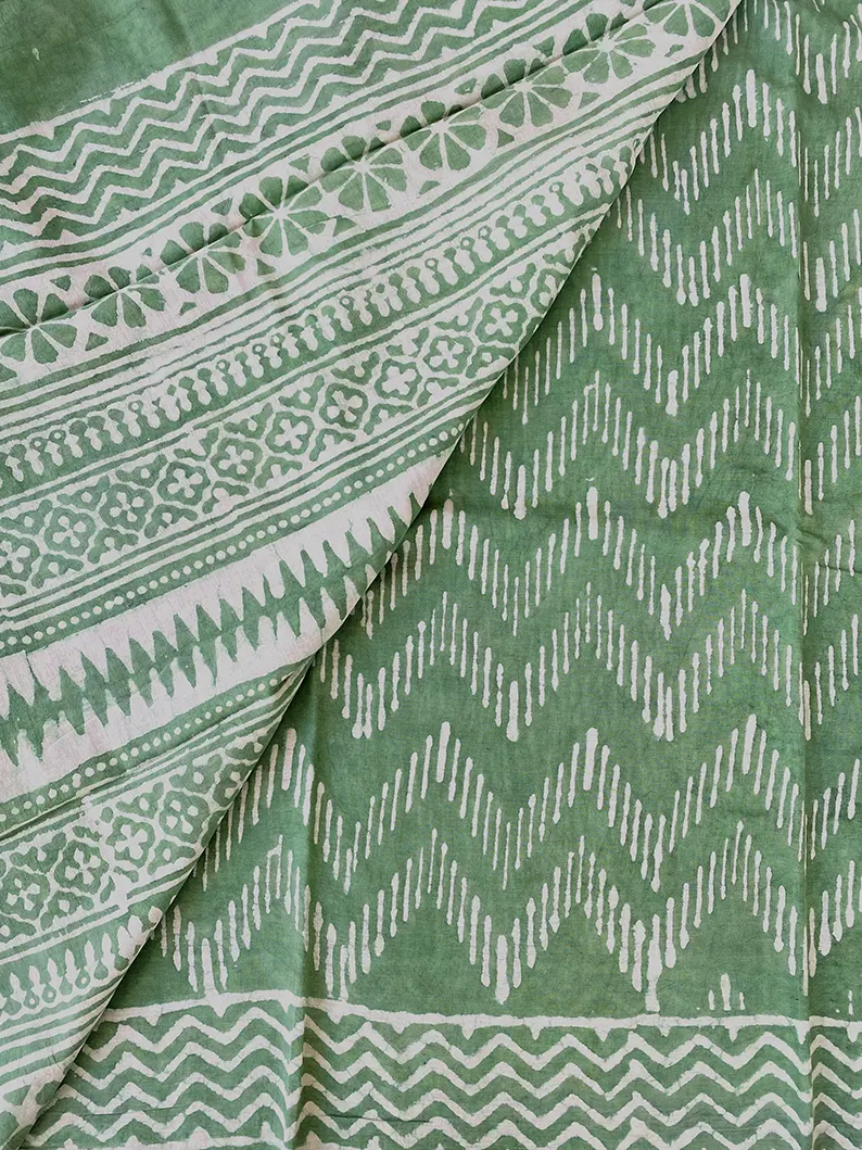 Strangers in Bangalore - Light Green Dabu Block Print Mulmul Cotton Saree - Image 7