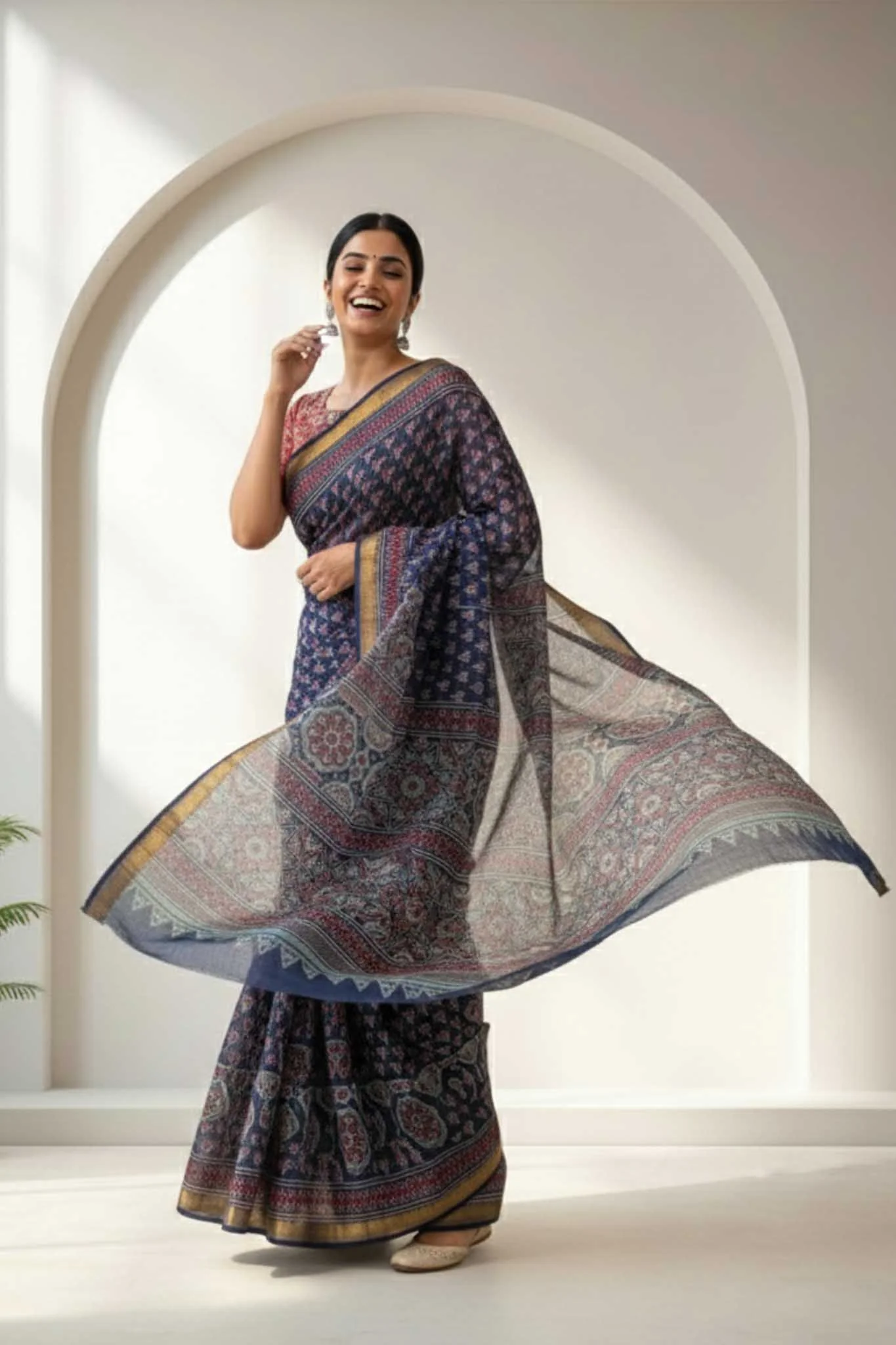 Sumedha - Hand Block Print Silk Cotton Maheshwari Saree - Image 3