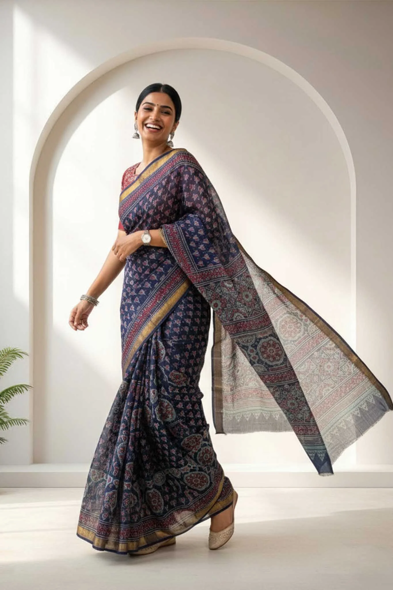 Sumedha - Hand Block Print Silk Cotton Maheshwari Saree - Image 4