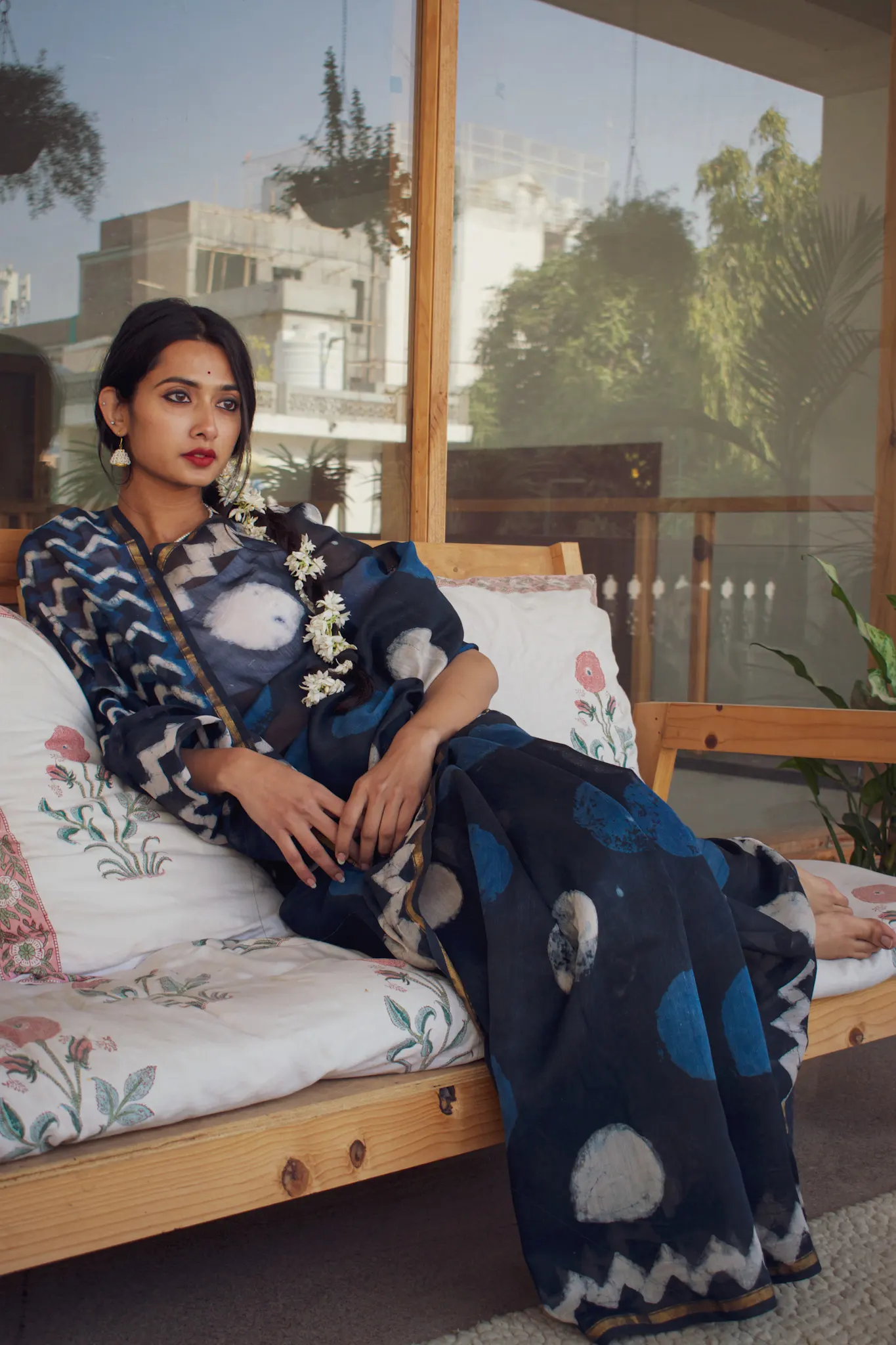 Sunaina - Indigo Dabu Hand Block Print Chanderi Silk Saree - Image 3