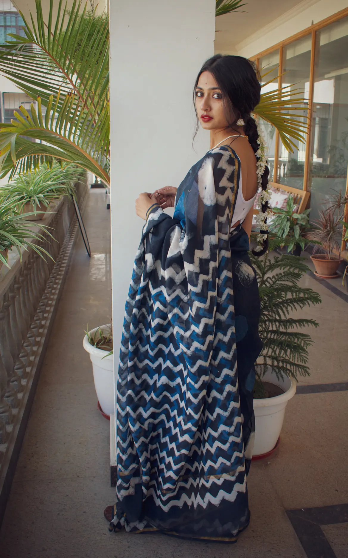 Sunaina - Indigo Dabu Hand Block Print Chanderi Silk Saree - Image 4