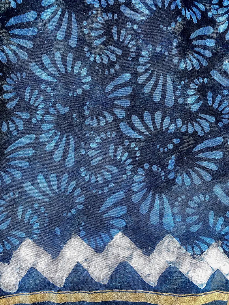 Sunaina - Indigo Dabu Hand Block Print Chanderi Silk Saree - Image 6