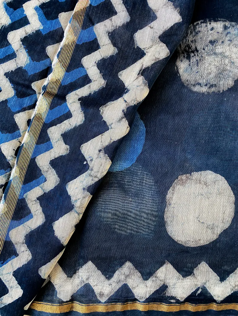 Sunaina - Indigo Dabu Hand Block Print Chanderi Silk Saree - Image 7