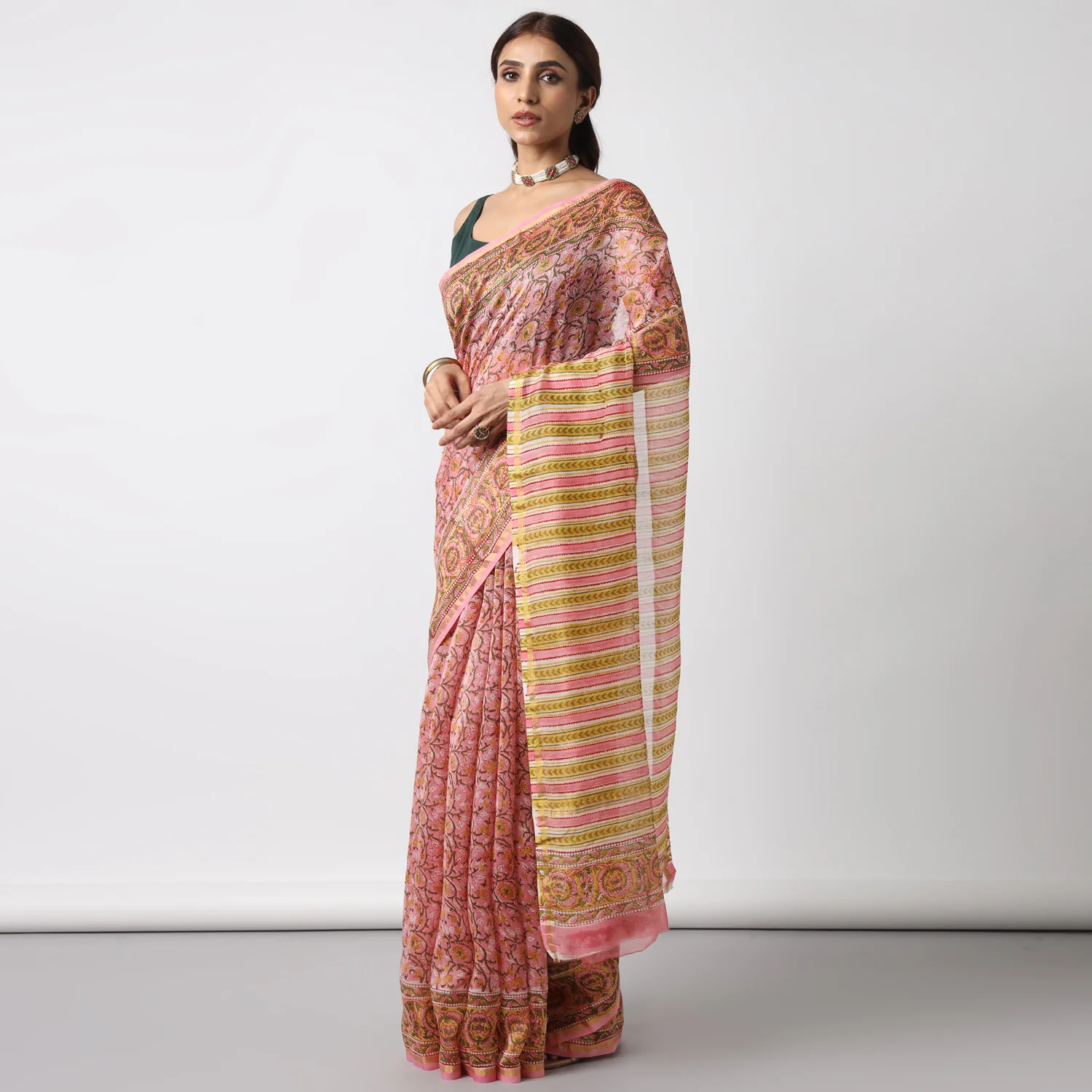 Sunflower Whispers - Hand Block Print Chanderi Silk Saree - Image 3