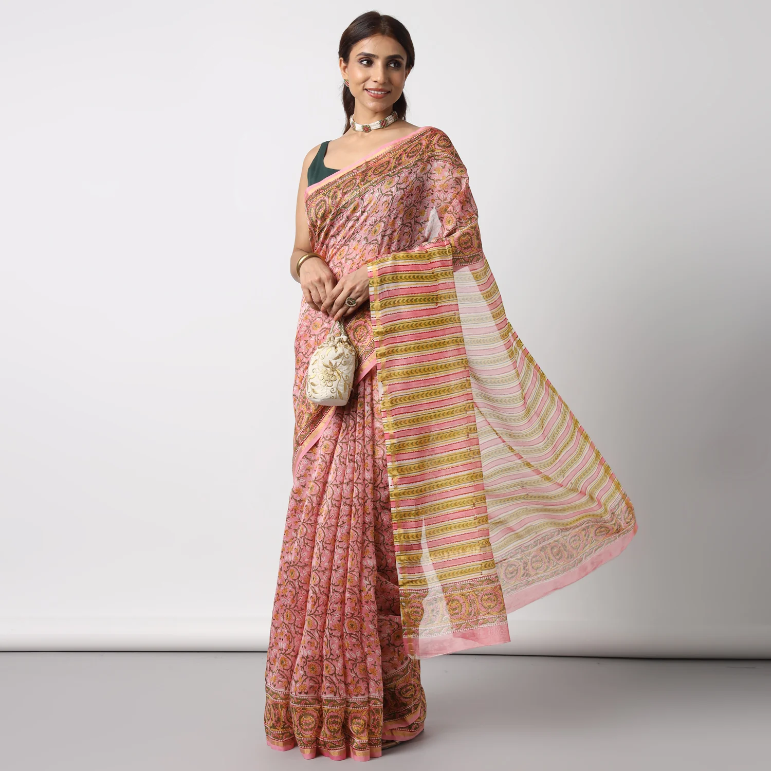 Sunflower Whispers - Hand Block Print Chanderi Silk Saree - Image 4
