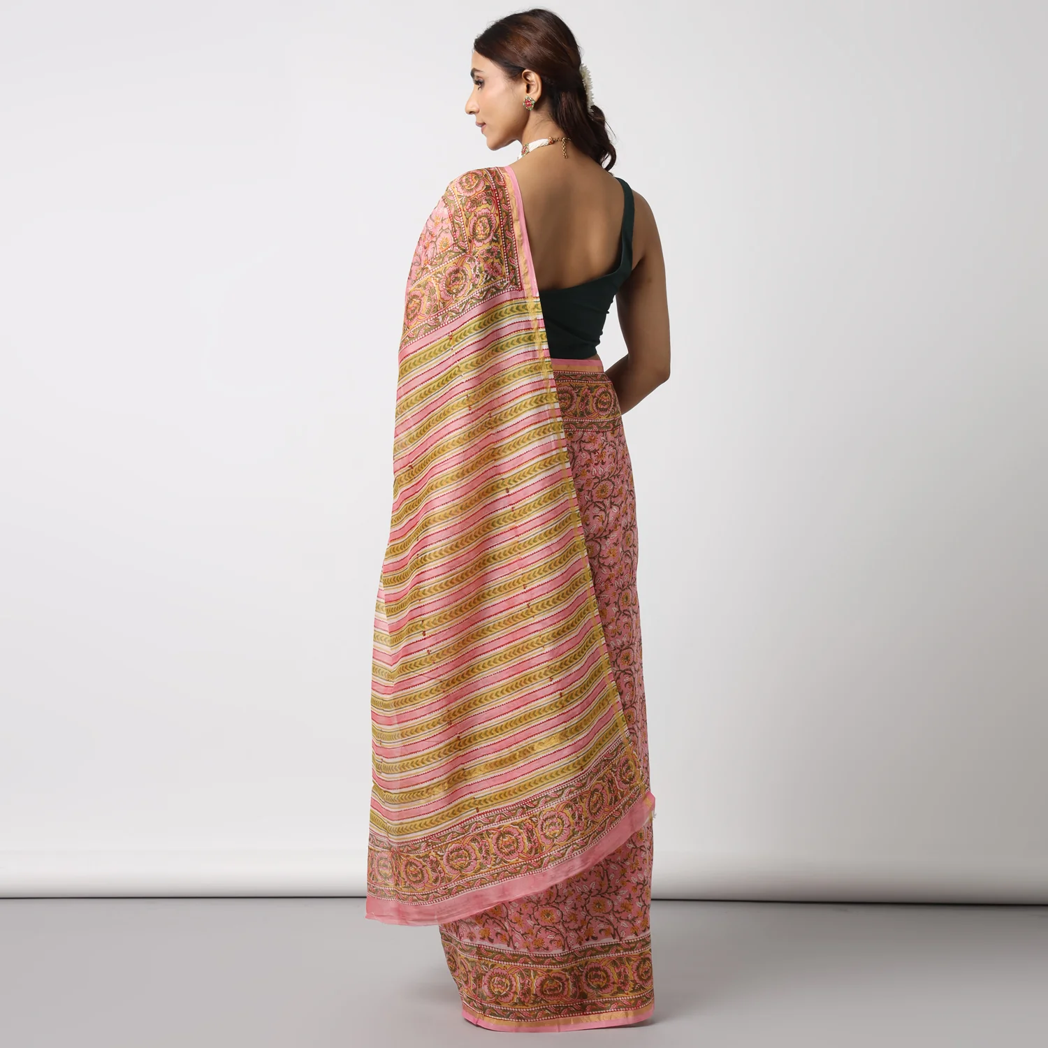 Sunflower Whispers - Hand Block Print Chanderi Silk Saree - Image 5