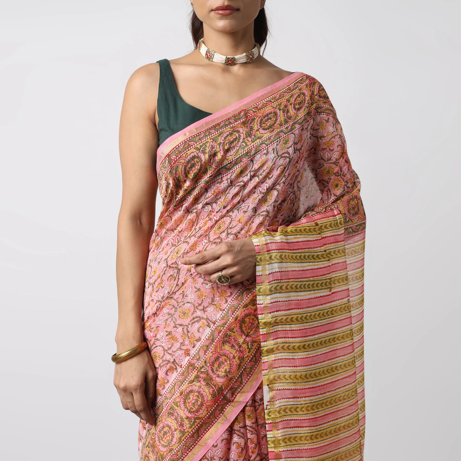 Sunflower Whispers - Hand Block Print Chanderi Silk Saree - Image 6