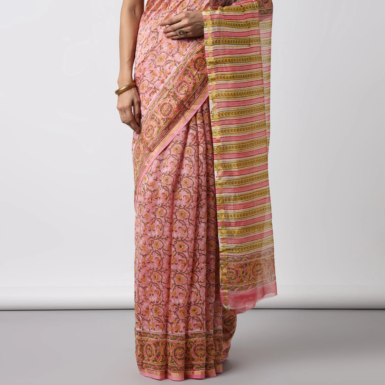 Sunflower Whispers - Hand Block Print Chanderi Silk Saree - Image 7