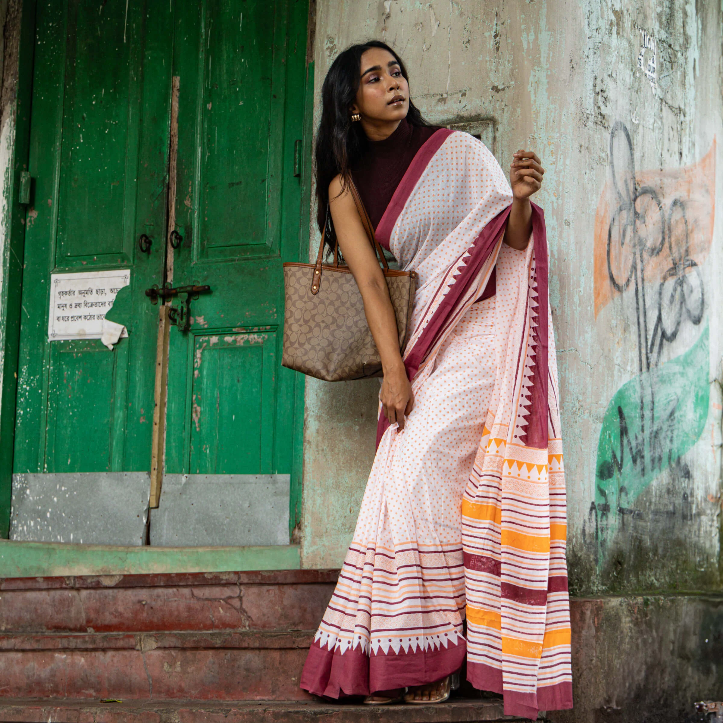 Sunset Hues - Mul Cotton Hand Block Printed Saree - Image 3