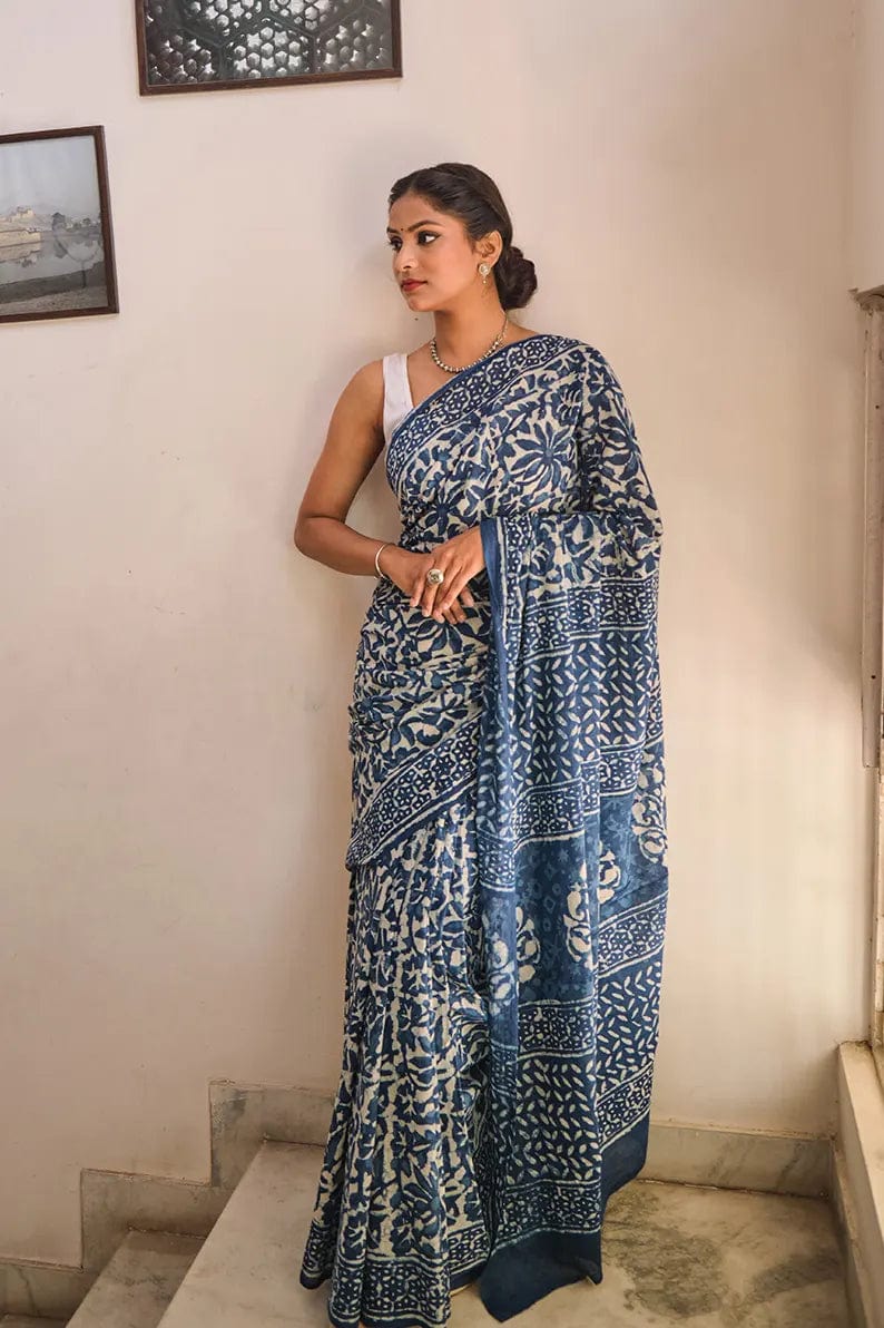 Take me back to Benaras - Indigo Dabu Hand Block Printed Mulmul Cotton Bagru Saree - Image 3