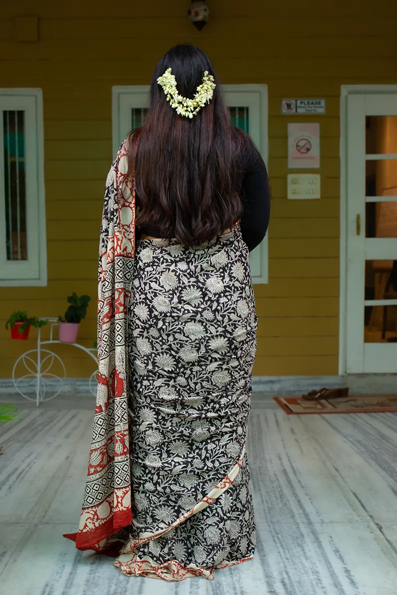 Tangled Treasures - Hand Block Print Mulmul Cotton Bagru Saree - Image 3