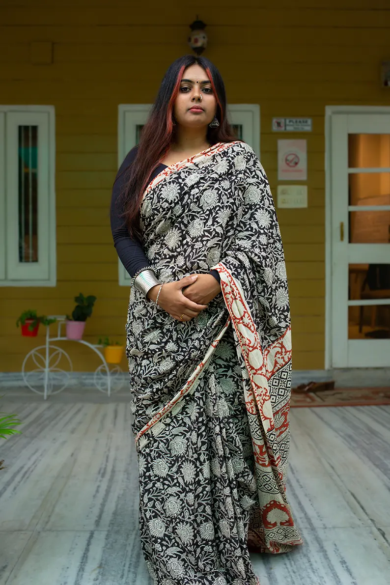 Tangled Treasures - Hand Block Print Mulmul Cotton Bagru Saree - Image 4