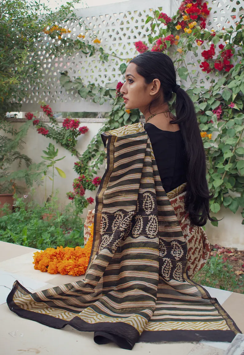 Tigress - Beige Hand Block Print Chanderi Silk Saree - Image 3