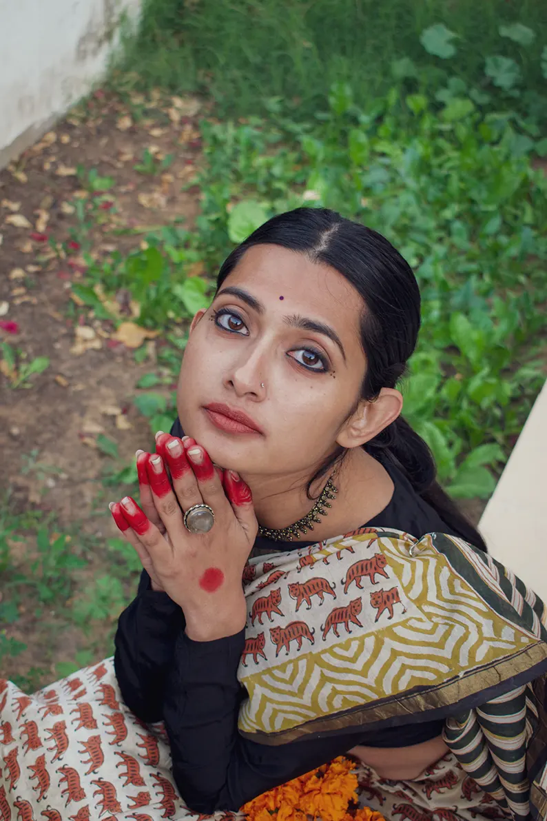 Tigress - Beige Hand Block Print Chanderi Silk Saree - Image 4