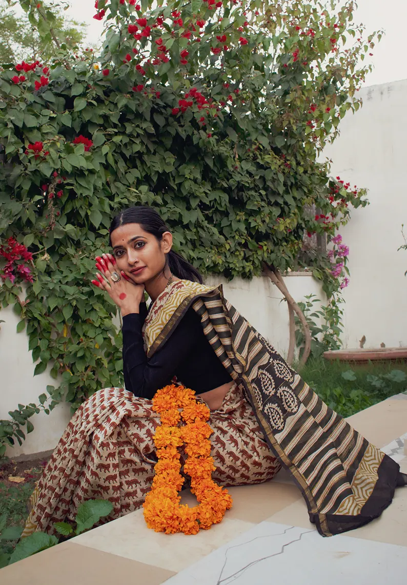 Tigress - Beige Hand Block Print Chanderi Silk Saree - Image 5