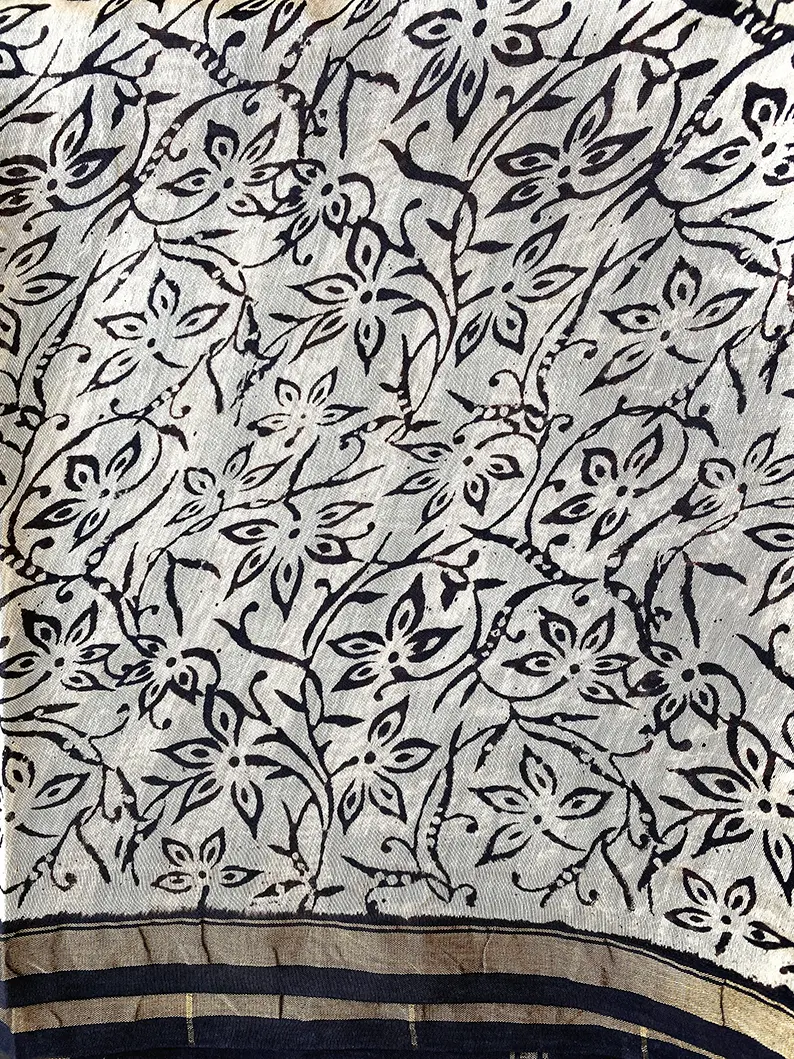 Tigress - Beige Hand Block Print Chanderi Silk Saree - Image 6