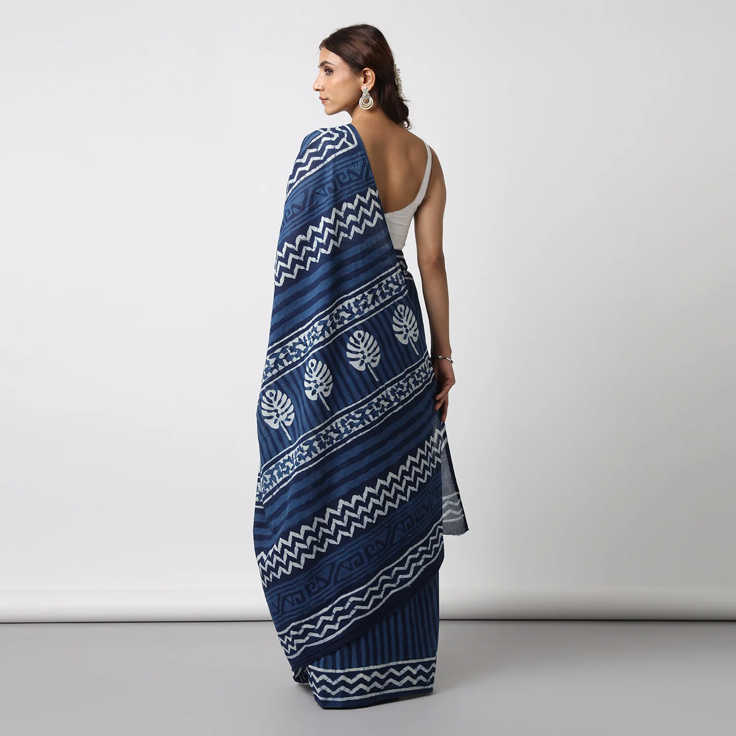 Time Flies - Hand Block Print Mulmul Cotton Bagru Saree - Image 5