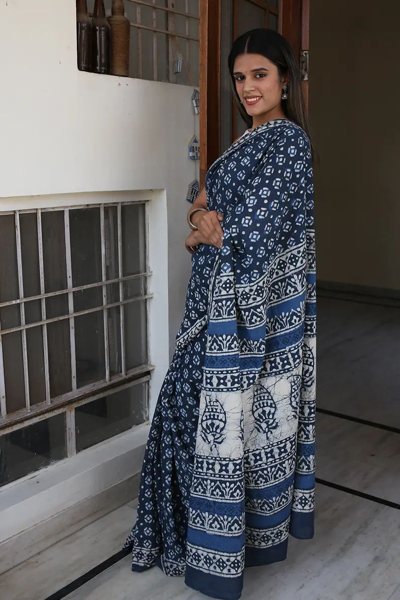 Twilight Grey - Dabu Hand Block Print Mulmul Cotton Bagru Saree - Image 3