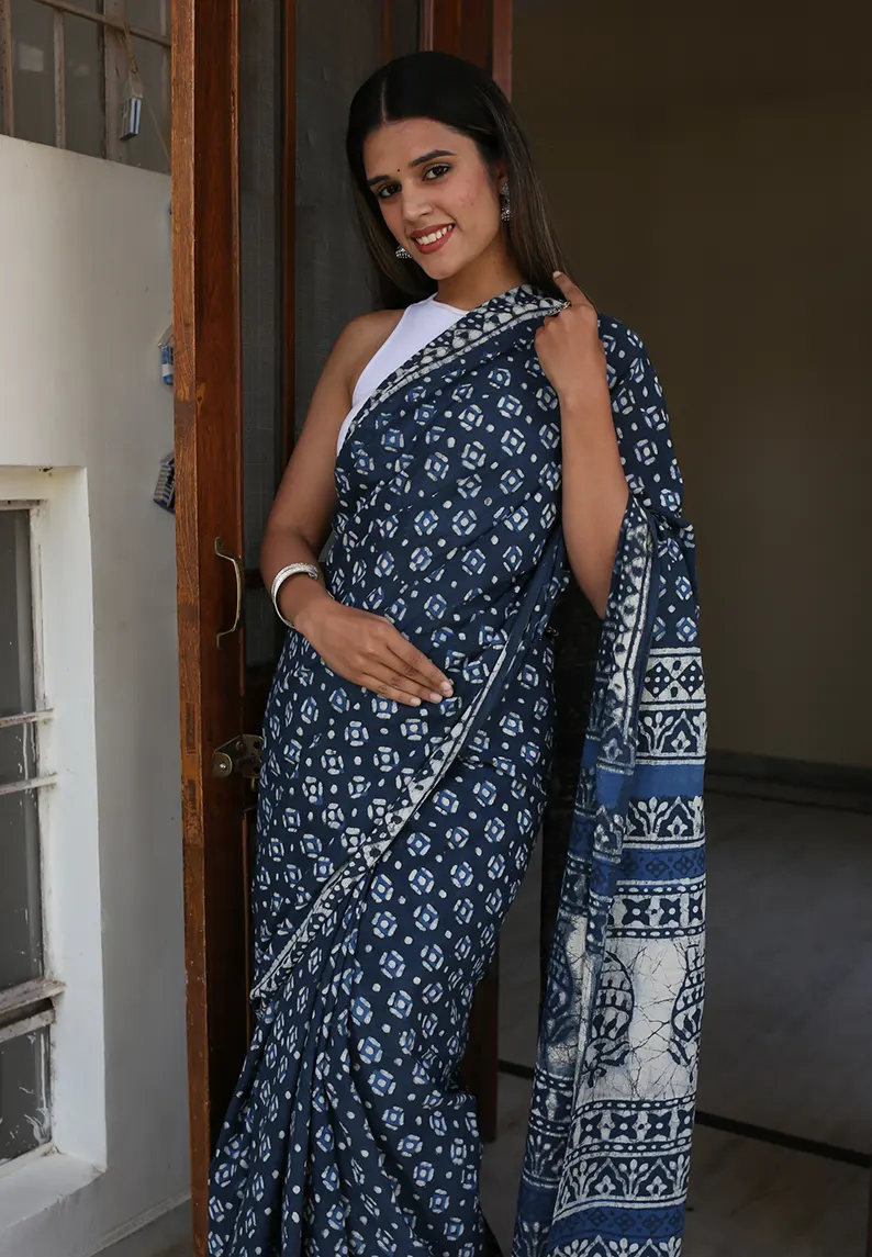 Twilight Grey - Dabu Hand Block Print Mulmul Cotton Bagru Saree - Image 4