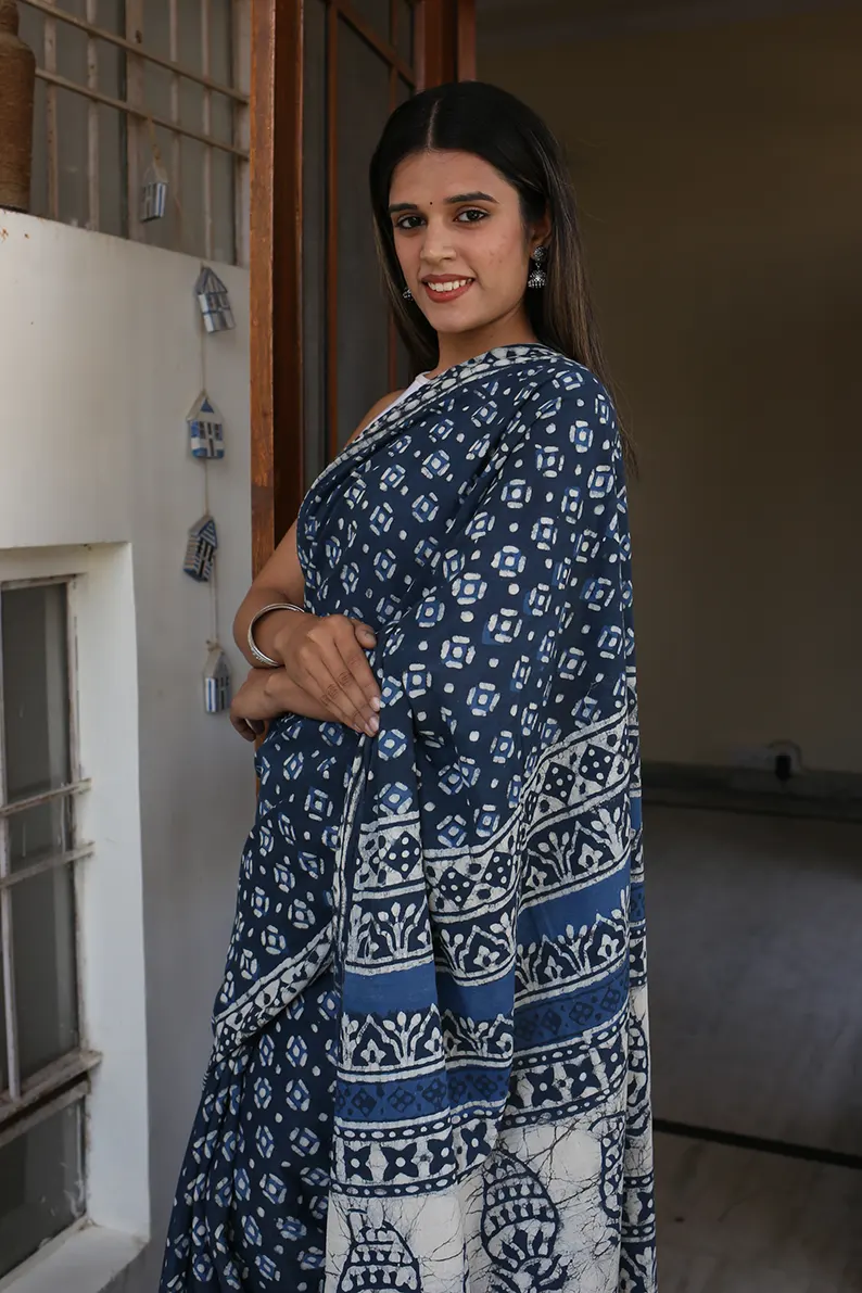 Twilight Grey - Dabu Hand Block Print Mulmul Cotton Bagru Saree - Image 5