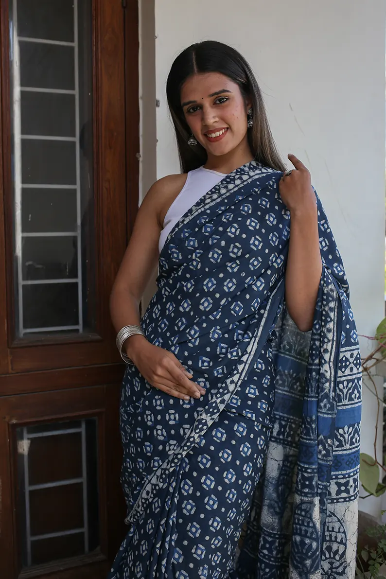 Twilight Grey - Dabu Hand Block Print Mulmul Cotton Bagru Saree - Image 6