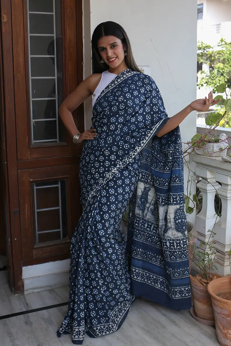 Twilight Grey - Dabu Hand Block Print Mulmul Cotton Bagru Saree - Image 7