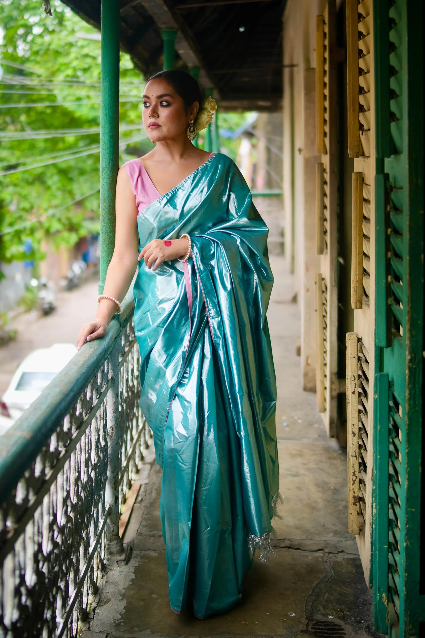 Ujwala - Silver Blue Metallic Tissue Saree - Image 3