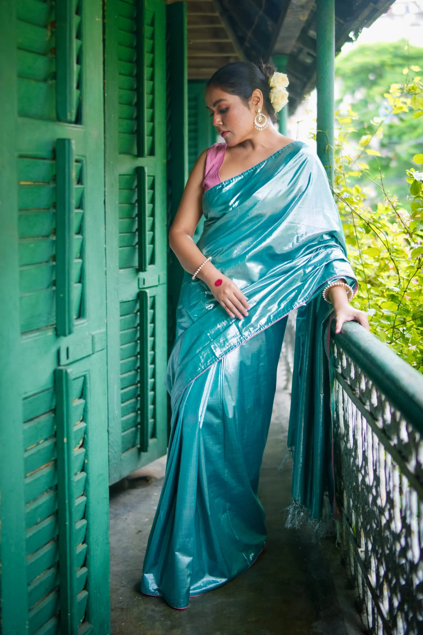 Ujwala - Silver Blue Metallic Tissue Saree - Image 5