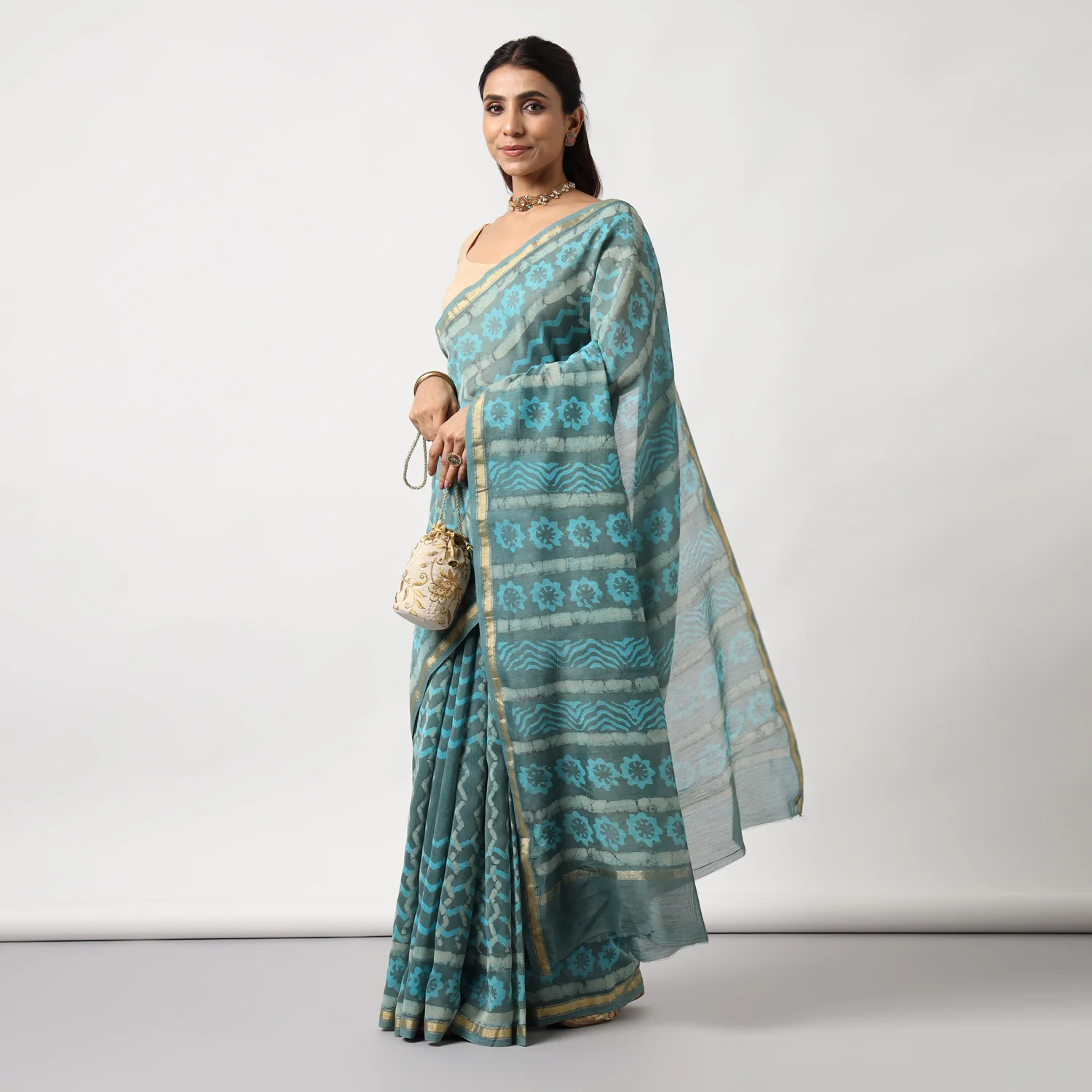 Urmika - Aqua & Grey Hand Block Print Chanderi Silk Saree - Image 3