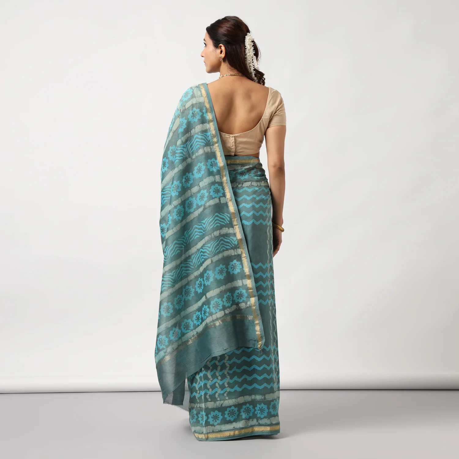 Urmika - Aqua & Grey Hand Block Print Chanderi Silk Saree - Image 4