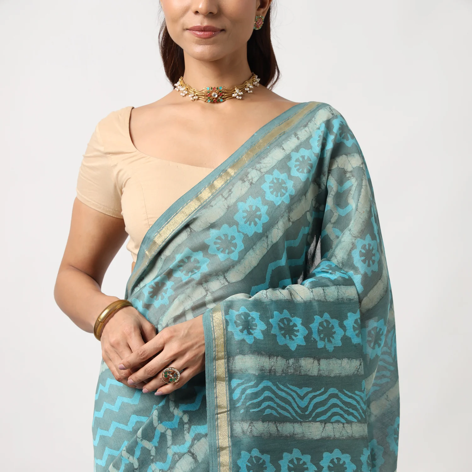 Urmika - Aqua & Grey Hand Block Print Chanderi Silk Saree - Image 5