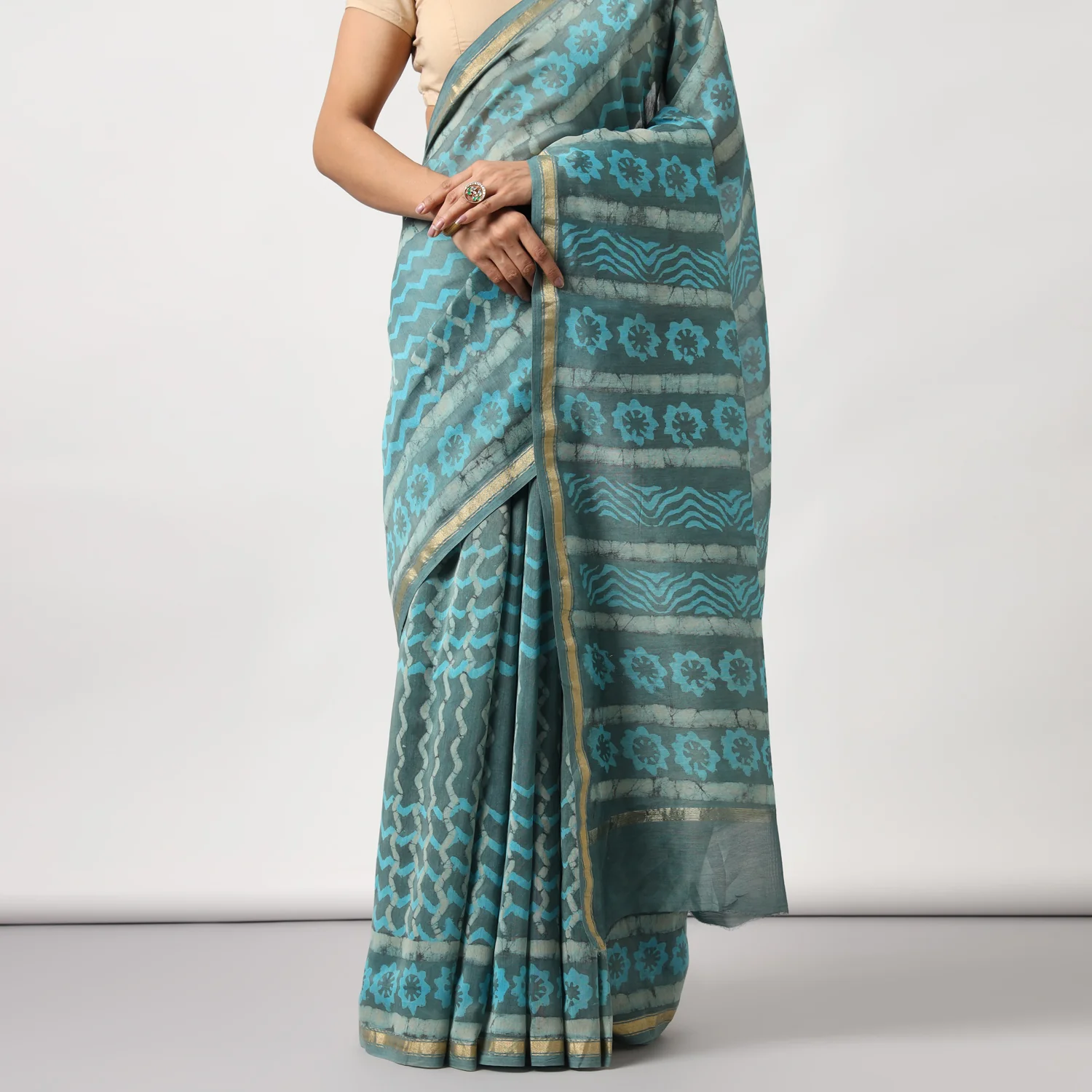 Urmika - Aqua & Grey Hand Block Print Chanderi Silk Saree - Image 6